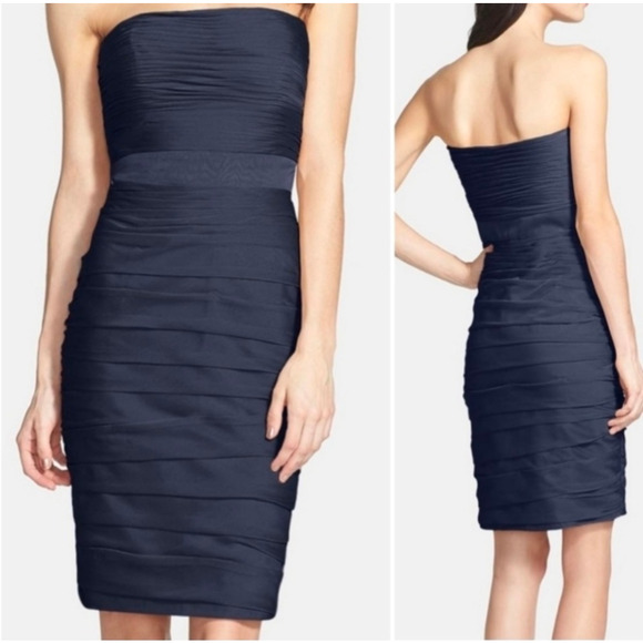 Monique Lhuillier Bridesmaid Dark Blue Strapless Ruched Pencil Mini Dress, sz 10 - Picture 1 of 12